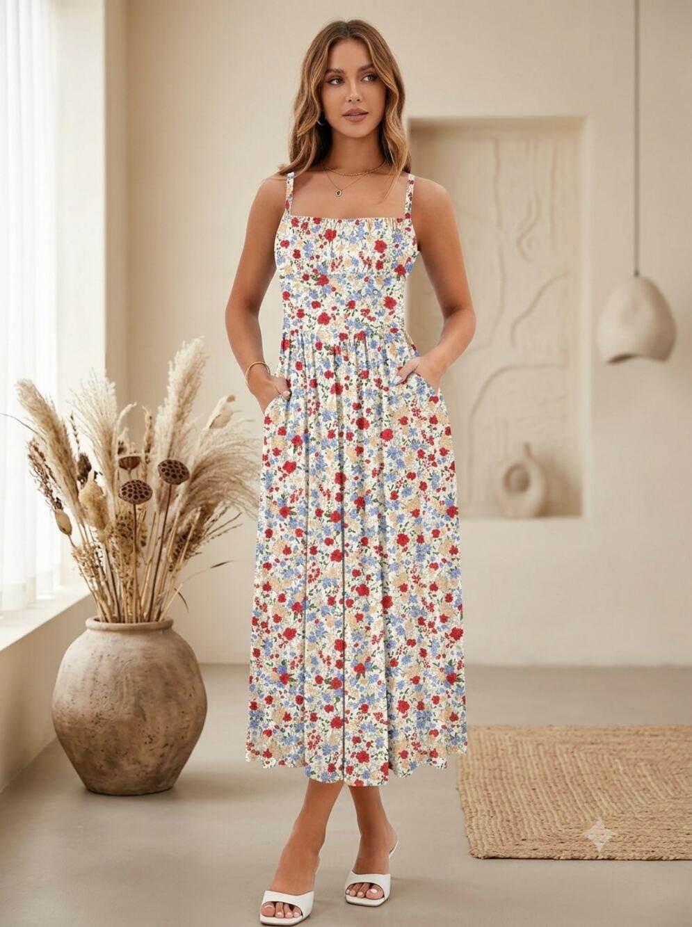 Classic Midi Sundress Womens S White Floral Spaghetti Strap Gathered Bust